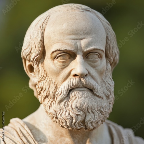 Close-up of a marble bust of an ancient Greek philosopher.