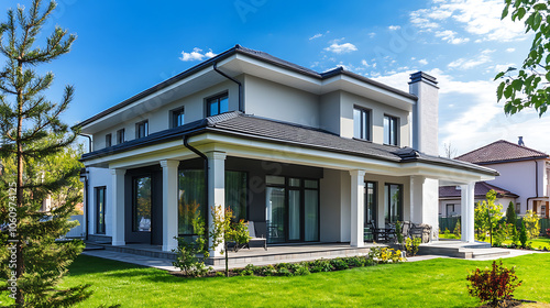 Gray zinc gutter on the facade of the house, white PVC downpipes and soffit paneling