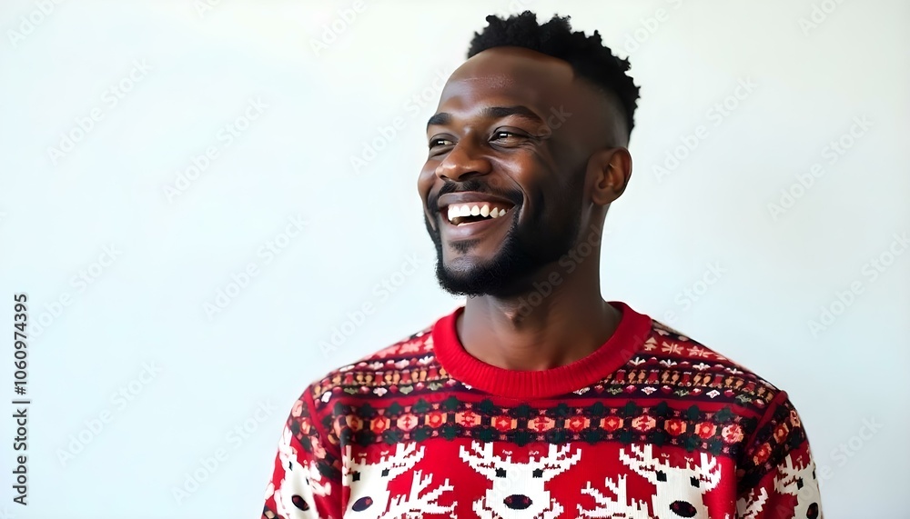 Smiling Black African American man wearing a Christmas jumper sweater isolated on a white background with copy space Smiling Black African American man wearing a Christmas jumper sweater isolated on a white background with copy space