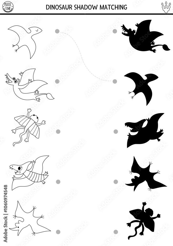 Fototapeta premium Dinosaur black and white shadow matching activity with flying animals. Prehistoric line puzzle with pterosaurs. Find correct silhouette printable worksheet, game. Dino coloring page for kids