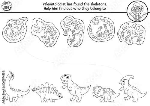 Dinosaur black and white matching activity with cute animals, their skeletons. Prehistoric line puzzle with T-rex, stegosaur. Match the bones game. Dino printable worksheet, coloring page