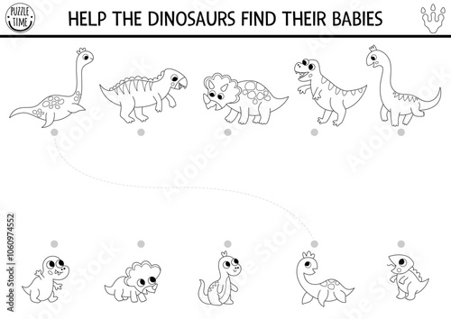 Dinosaur black and white matching activity with cute animals, babies. Prehistoric line puzzle with T-rex, triceratops, plesiosaur. Match parent and child game. Dino printable worksheet, coloring page photo