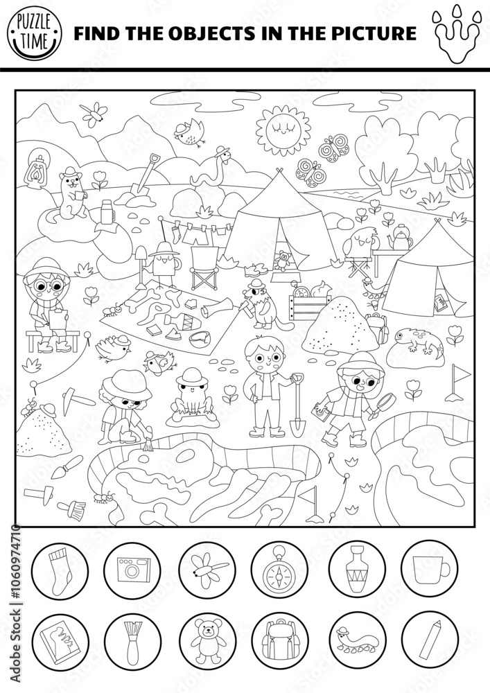 Vector black and white dinosaur searching game with paleontologist dig camp landscape. Spot hidden objects in picture. Prehistoric scientist line seek and find printable activity for kids