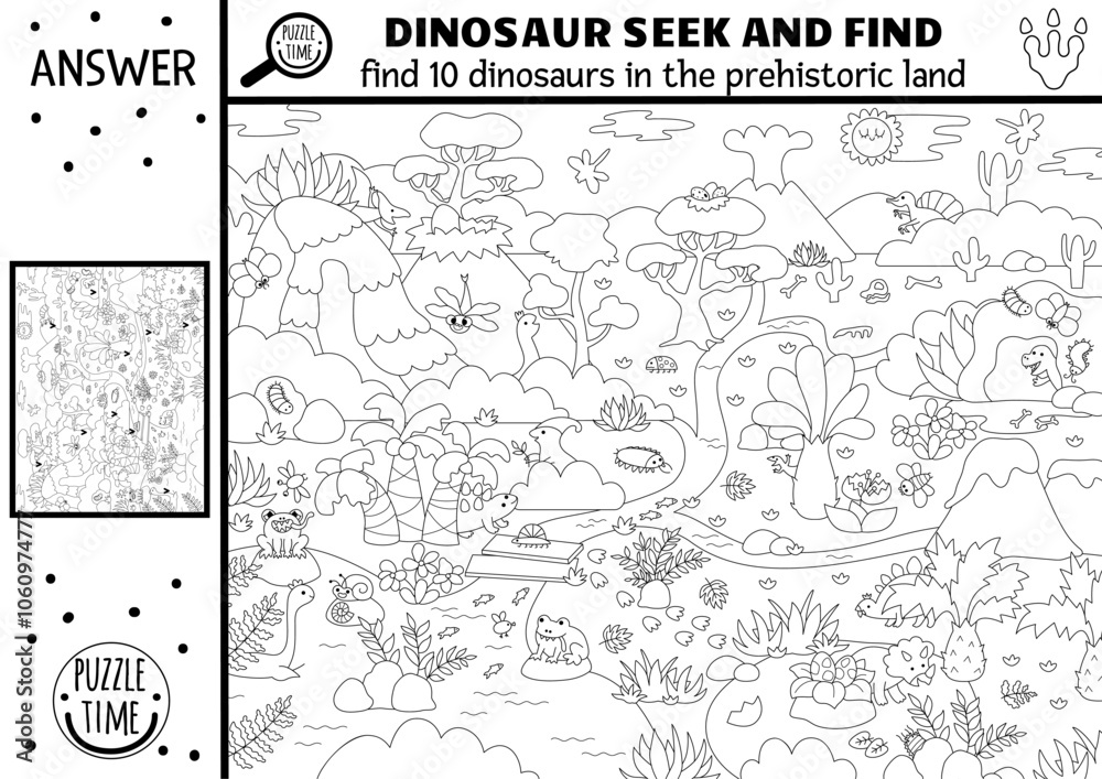 Vector black and white dinosaur searching game with prehistoric landscape. Spot hidden donos in picture. Ancient world line seek and find educational printable activity for kids with T-rex Vector black and white dinosaur searching game with prehistoric landscape. Spot hidden donos in picture. Ancient world line seek and find educational printable activity for kids with T-rex
