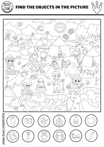 Vector black and white dinosaur searching game with paleontologist dig camp landscape. Spot hidden objects in picture. Prehistoric scientist line seek and find printable activity for kids