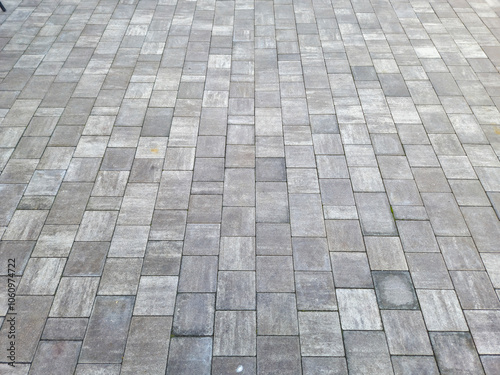 Textured paved surface featuring gray stones arranged in a geometric pattern, ideal for backgrounds in design projects or construction themes.