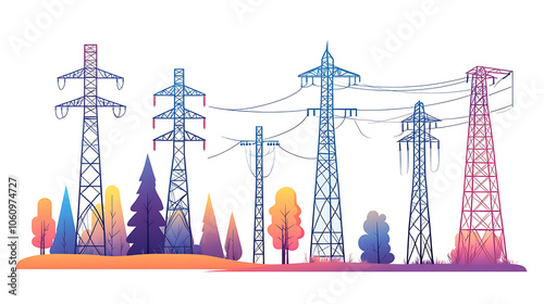 Set of high voltage electrical towers, Color flat vector illustration of power line network isolated on white background