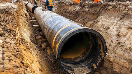 Wallpaper Mural On the construction site are water pipes for the supply of drinking water, Aerial view of a big concrete pipe, getting ready to lay an underground pipeline through earthworks, Modern water supply sys Torontodigital.ca