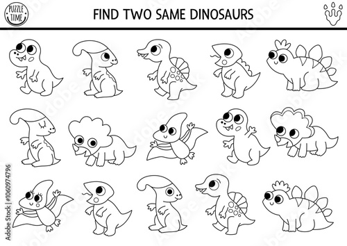 Find two same baby dinosaurs. Prehistoric black and white matching activity. Dino educational line quiz, worksheet for kids with ancient animals. Printable game, coloring page with little T-rex