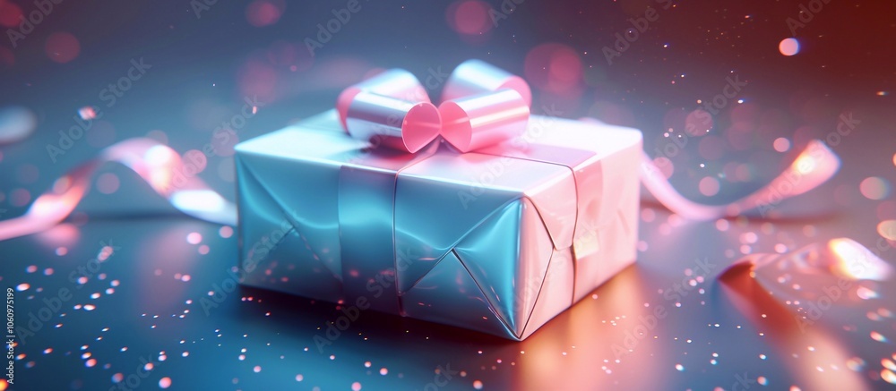 3d chrome neon gift box delicate texture, blue, pink and white gradient, light background 3d chrome neon gift box delicate texture, blue, pink and white gradient, light background