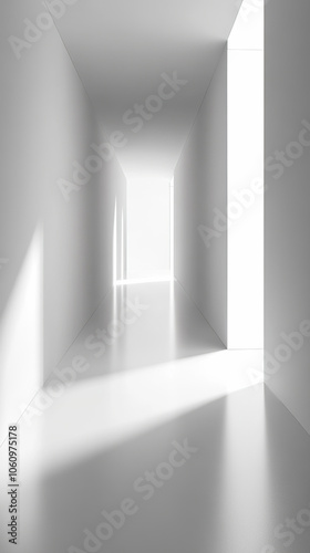Minimalist sunlit white hallway with geometric shadows and light effects