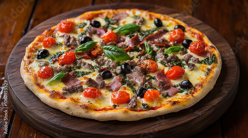 Delicious Italian Pizza with Meat Cheese Tomatoes and Basil