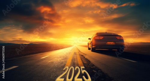 2025 on asphalt road for business planing and continuous improvement in new year concept photo