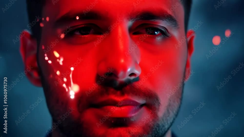 Close-up portrait of a man with red illuminated reflection and pensive expression Close-up portrait of a man with red illuminated reflection and pensive expression