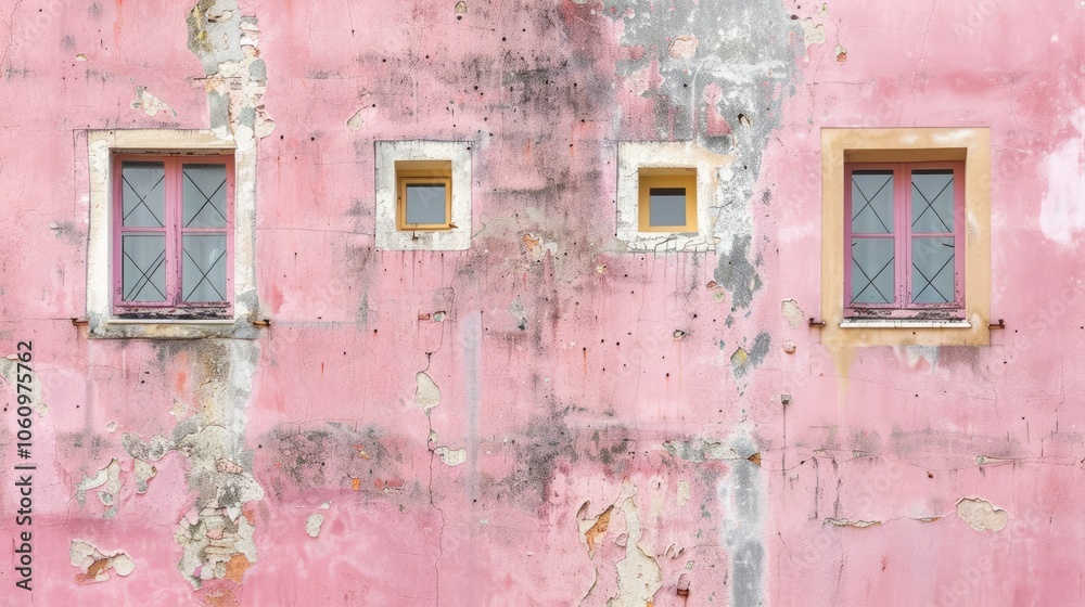 Pink plaster facade with small windows, urban setting for text placement. Pink plaster facade with small windows, urban setting for text placement.