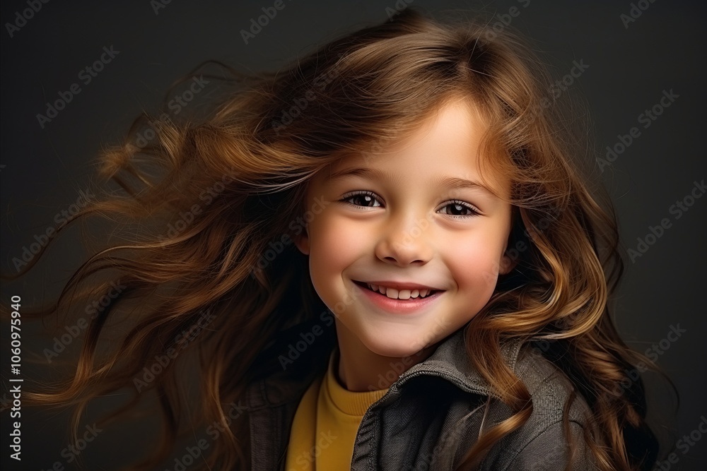 Portrait of a cute little girl with flying hair over dark background Portrait of a cute little girl with flying hair over dark background