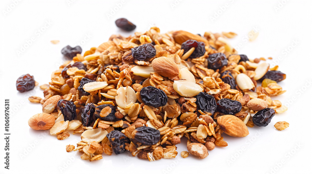 Granola with Nuts and Raisins: Granola with nuts and raisins isolated on a white background, ideal for healthy breakfast or snack themes. Granola with Nuts and Raisins: Granola with nuts and raisins isolated on a white background, ideal for healthy breakfast or snack themes.