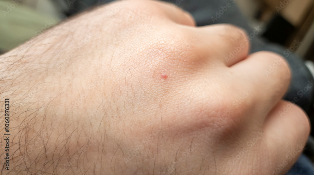 A close-up of a hand with a red spot on the skin, depicting skin health and conditions. Perfect for medical or health-related topics. A close-up of a hand with a red spot on the skin, depicting skin health and conditions. Perfect for medical or health-related topics.