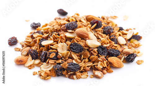 Granola with Nuts and Raisins: Granola with nuts and raisins isolated on a white background, ideal for healthy breakfast or snack themes.