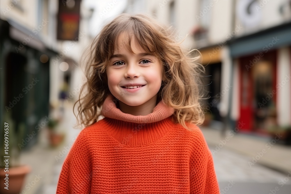 Portrait of a smiling little girl in a red sweater on the street Portrait of a smiling little girl in a red sweater on the street