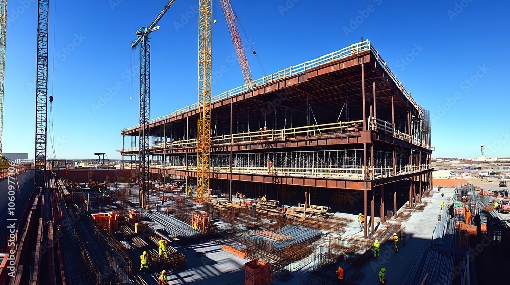 A wide-angle view of a massive building under construction, with cranes lifting steel beams and workers in safety gear working on multiple levels of scaffoldings A wide-angle view of a massive building under construction, with cranes lifting steel beams and workers in safety gear working on multiple levels of scaffoldings