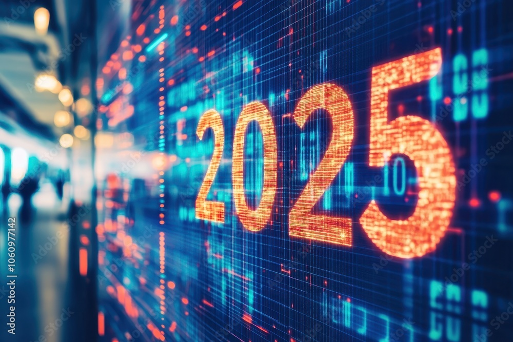 Bold digital display of the year 2025 in a modern office space showcasing technology and innovation