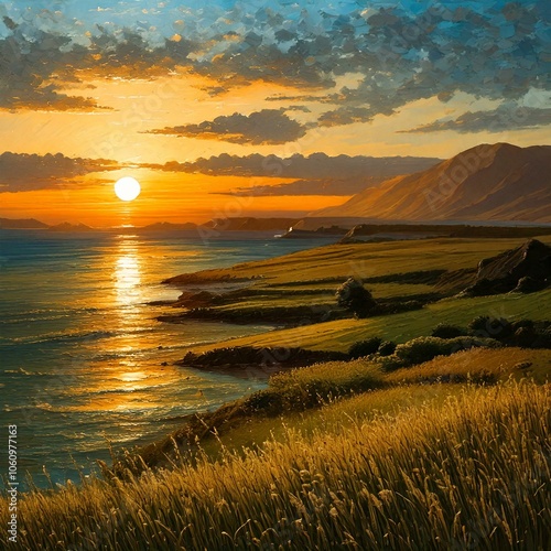 Zachód słońca nad morzem. Morski krajobraz z zielonymi łąkami © Monika