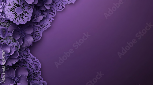 Violet purple background with lace, inspired floral patterns on the left side, creating an elegant and sophisticated design for a banner or poster template