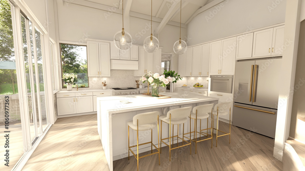 Fototapeta premium Modern Kitchen Interior Design with Island White Cabinets and Gold Accents