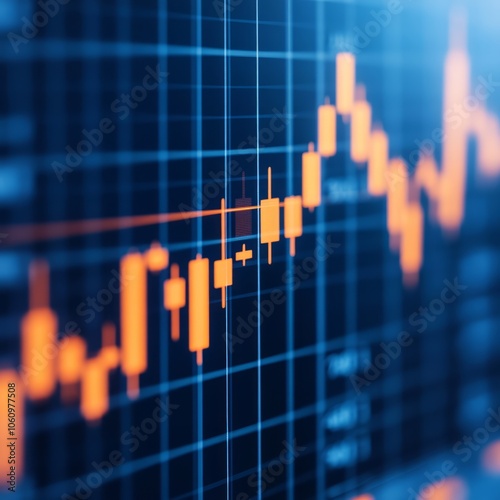 Close-up of a stock market chart showing fluctuations in prices, with orange candlesticks against a blue background.