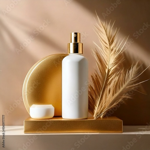 luxury care products with small cap in gold and white colors, close-up photo