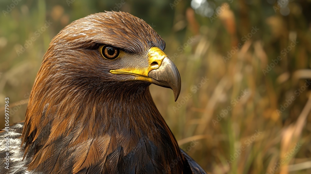 Fototapeta premium Close-up portrait of a golden eagle with a sharp focus on its eye. The eagle is looking directly at the camera with a intense expression. 