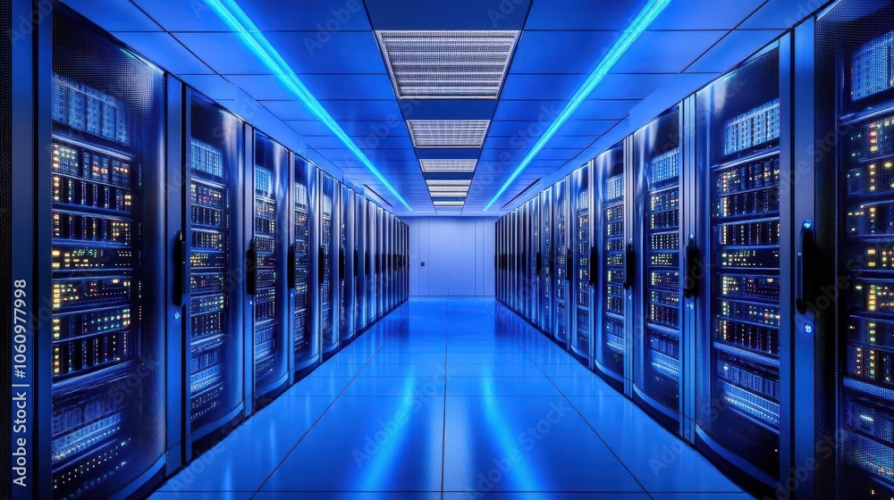 sleek, modern server room illuminated by soft blue lights, showcasing rows of high-tech servers, intricate wiring, and glowing buttons, embodying the future of data storage