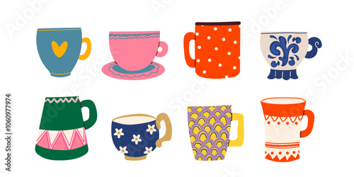 Hand drawn vector set of various cups with tea or coffee. Side view. Different ornaments. Flowers, berries, cozy elements Hand drawn colored trendy vector illustration. Cartoon style. Flat design. Iso