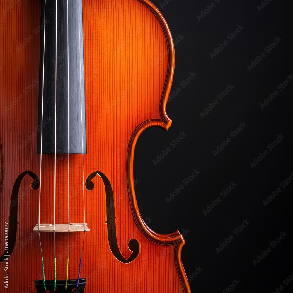 Close-up of a violin with strings against a dark background. Close-up of a violin with strings against a dark background.