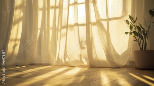 soft light filtering through curtains in a cozy room, creating a tranquil atmosphere that invites relaxation and peace, ideal for capturing serene indoor environments