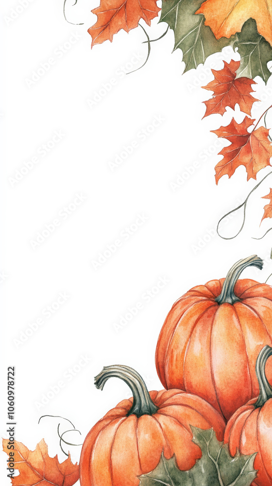 Naklejka premium Festive Thanksgiving border with watercolor pumpkins and leaves