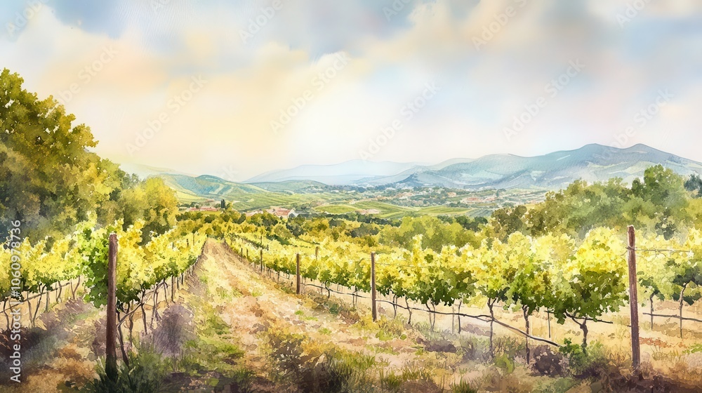 Fototapeta premium soft pastel watercolor depiction of idyllic mediterranean vineyards, with gentle rolling hills and lush grapevines under a serene sky, evoking a sense of tranquility and rustic charm