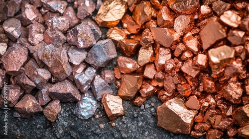 Raw copper ore stones texture background, mineral extraction.