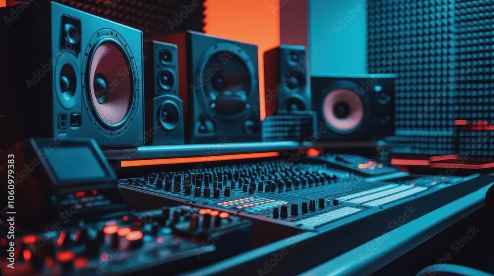 sound studio filled with advanced audio equipment and soundproofing panels, dimly lit with colorful led accents, creating a creative atmosphere for music production and sound exploration