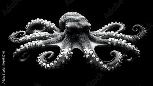 A grayscale image of an octopus with its eight tentacles spread out against a black background.