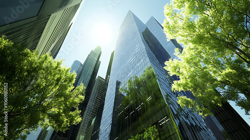 corporate glass building facade reflecting green trees exemplifying esg environmental social governance sustainability in business 3d rendering