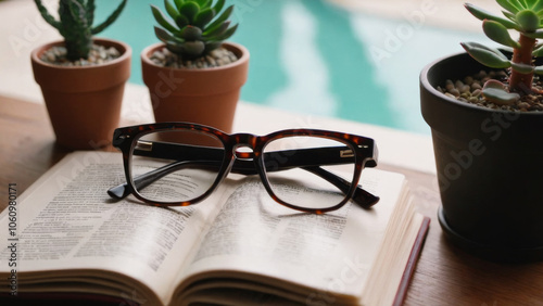 Reading Glasses on Book Surrounded by Colorful Succulent Flowers