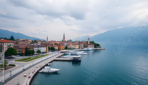 Town on Lake Maggiore filmed with a drone. The beautiful waterfront promenade invites you to stroll isolated with white shades, png photo