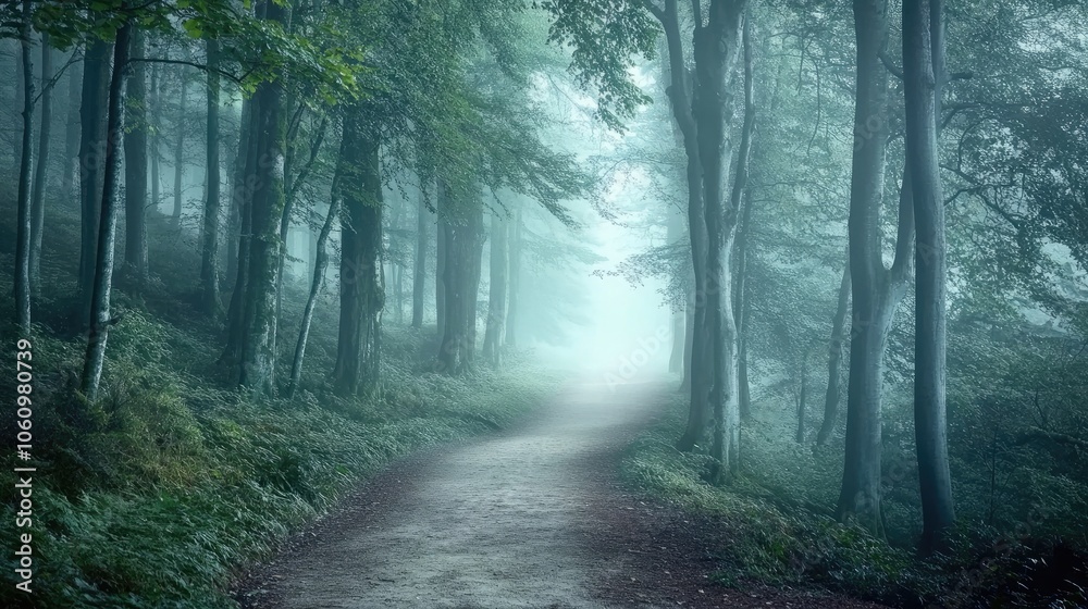 Fototapeta premium A quiet path in a forest enveloped in fog, with soft light filtering through the trees and creating an inviting yet mysterious atmosphere.
