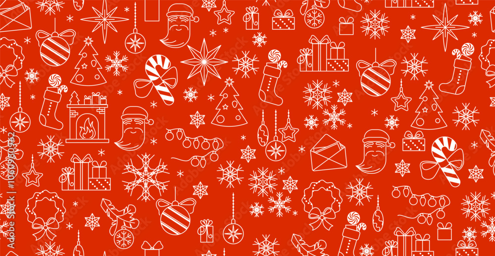 Seamless pattern with white Christmas icons on a red background. Line art. Vector Seamless pattern with white Christmas icons on a red background. Line art. Vector
