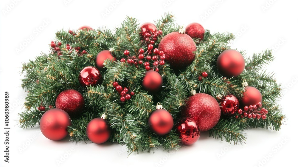 Fototapeta premium Red Christmas Ornaments and Evergreen Sprigs