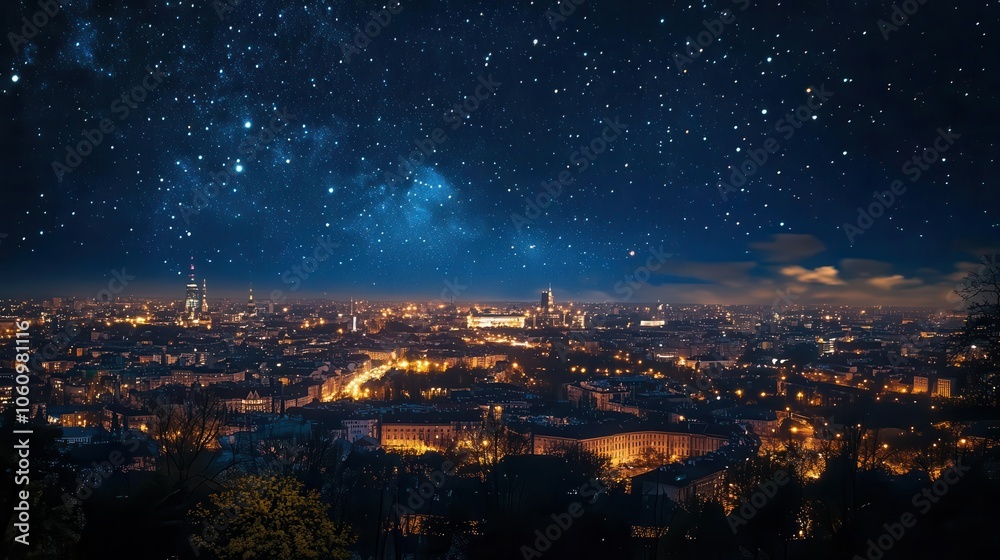 Naklejka premium stunning nighttime cityscape of warszawa, poland, illuminated by countless lights, showcasing a vibrant urban landscape against a starry sky