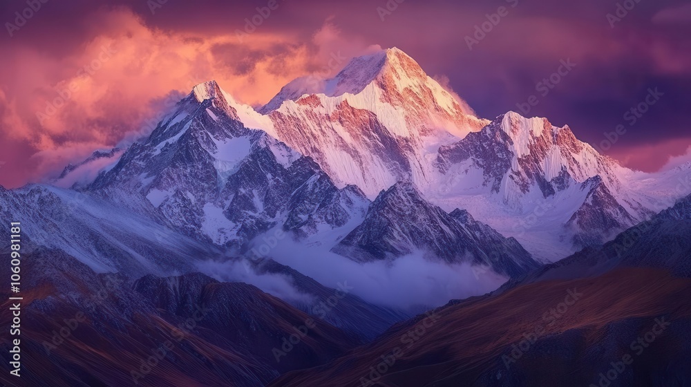 Fototapeta premium stunning panorama of the tibetan mountains, snow-capped peaks illuminated by the warm hues of a sunset, evoking a sense of awe and grandeur in nature