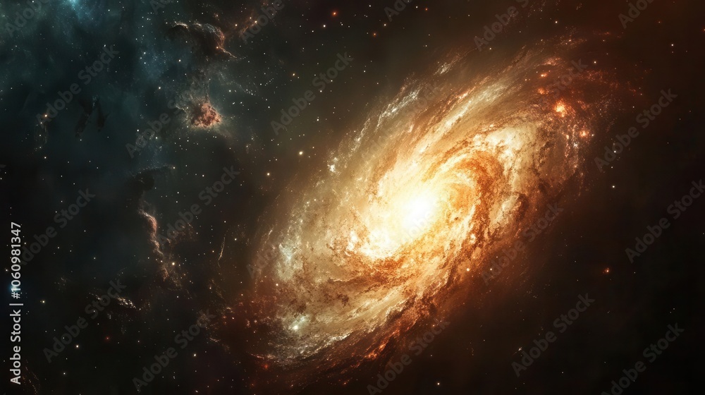 Obraz premium stunning spiral galaxy displayed against a dark backdrop, rich colors swirling together in cosmic dance, evoking awe and wonder about the vastness of the universe
